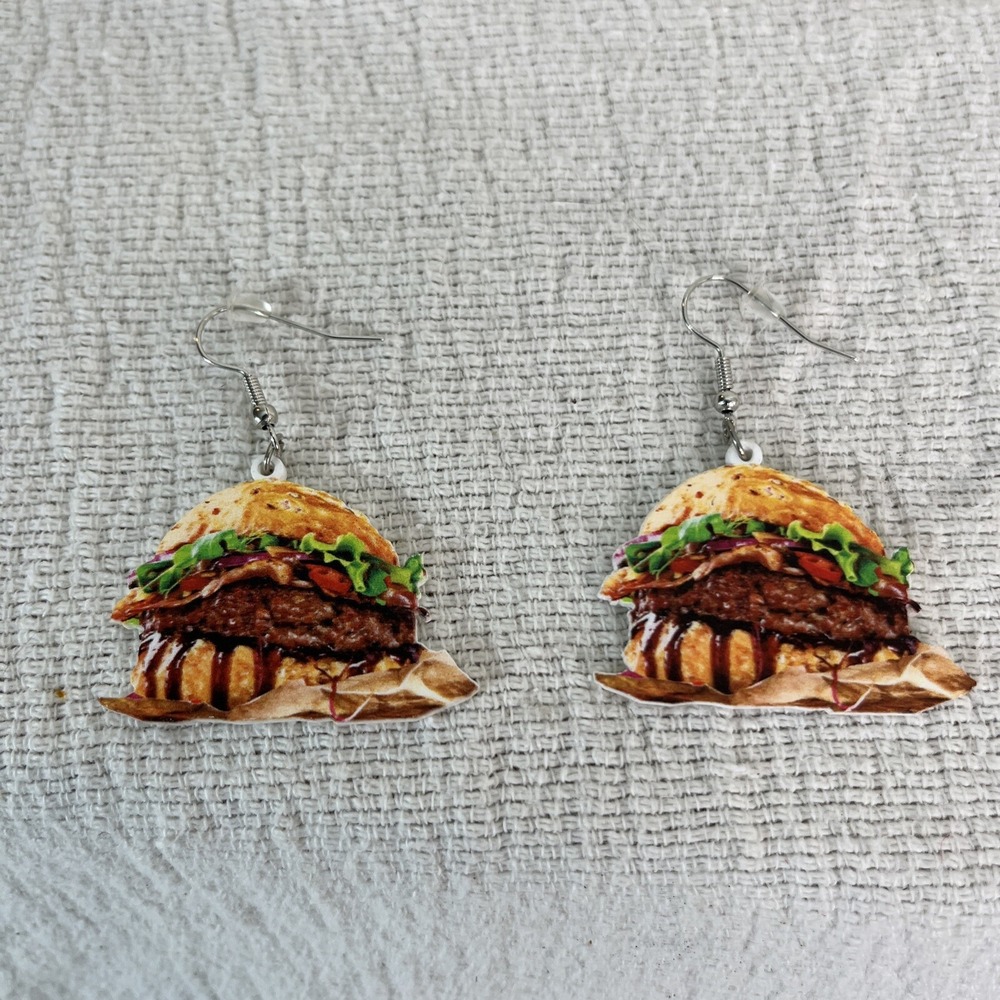 Greasy Burger Earrings Hamburger Fast Food Worker‎ Party Earrings Foodie NEW